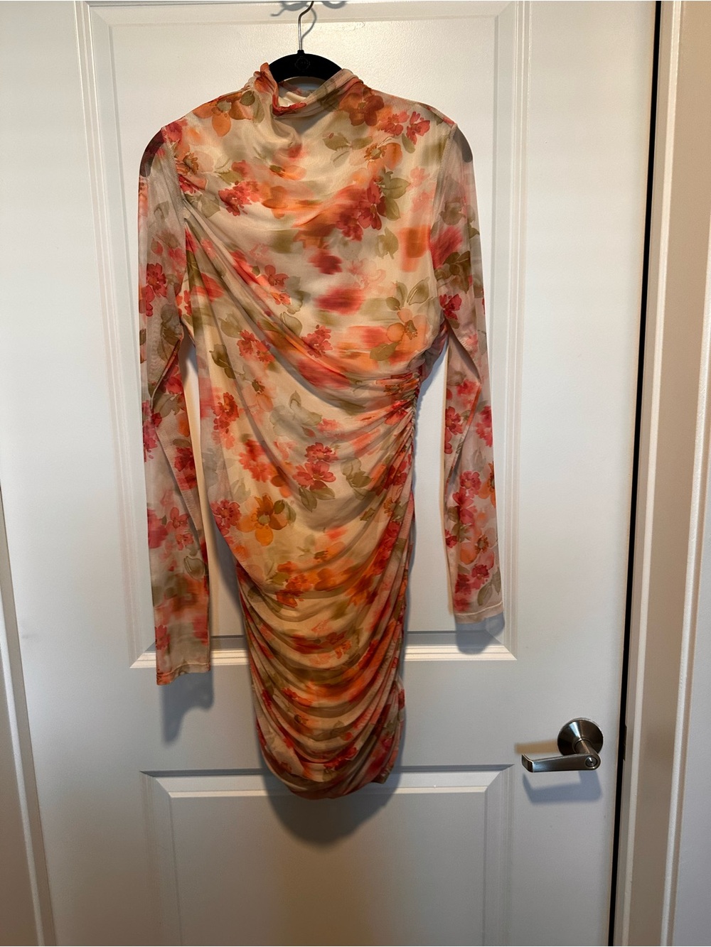 Sage Floral Long-Sleeve Ruched Mesh Dress - Pink, Orange, Green